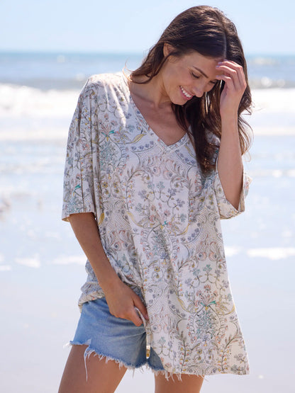 One Size Cotton Easy V-Neck Tee - Meadow Whimsy Ivory