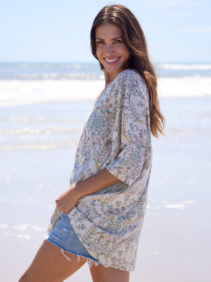 One Size Cotton Easy V-Neck Tee - Meadow Whimsy Ivory