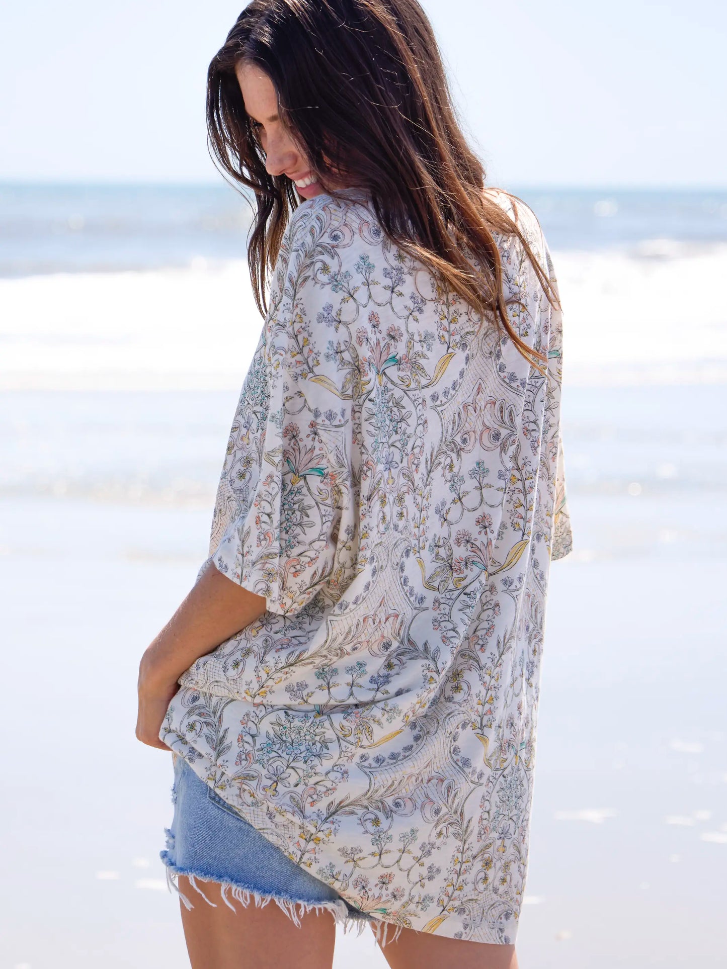 One Size Cotton Easy V-Neck Tee - Meadow Whimsy Ivory