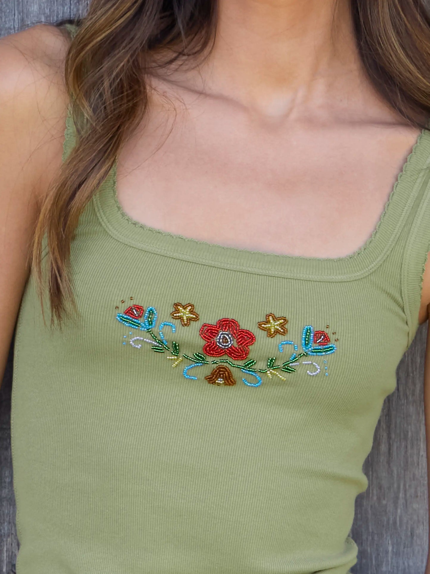 Mona Beaded Tank - Olive Floral