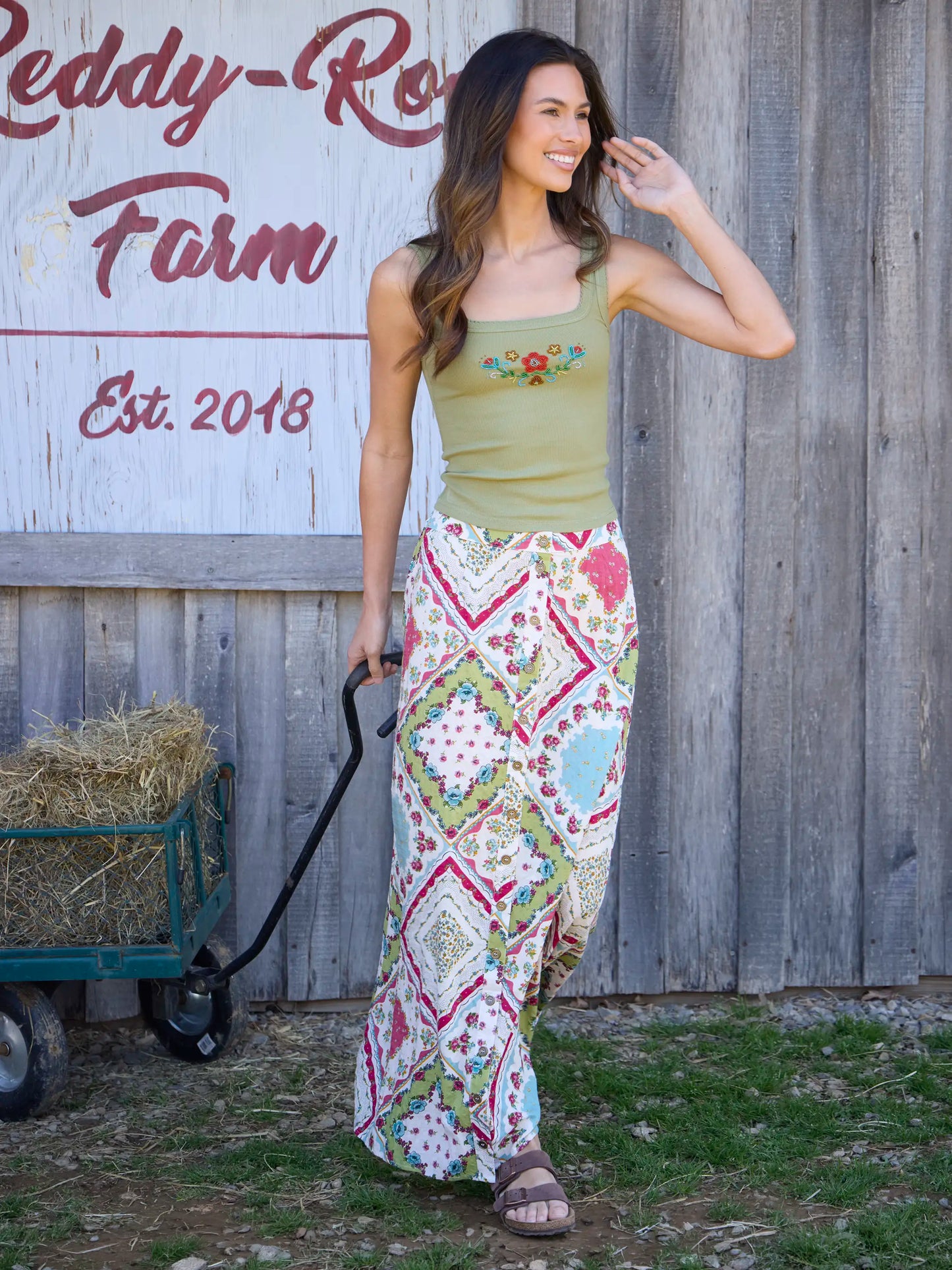 Mona Beaded Tank - Olive Floral