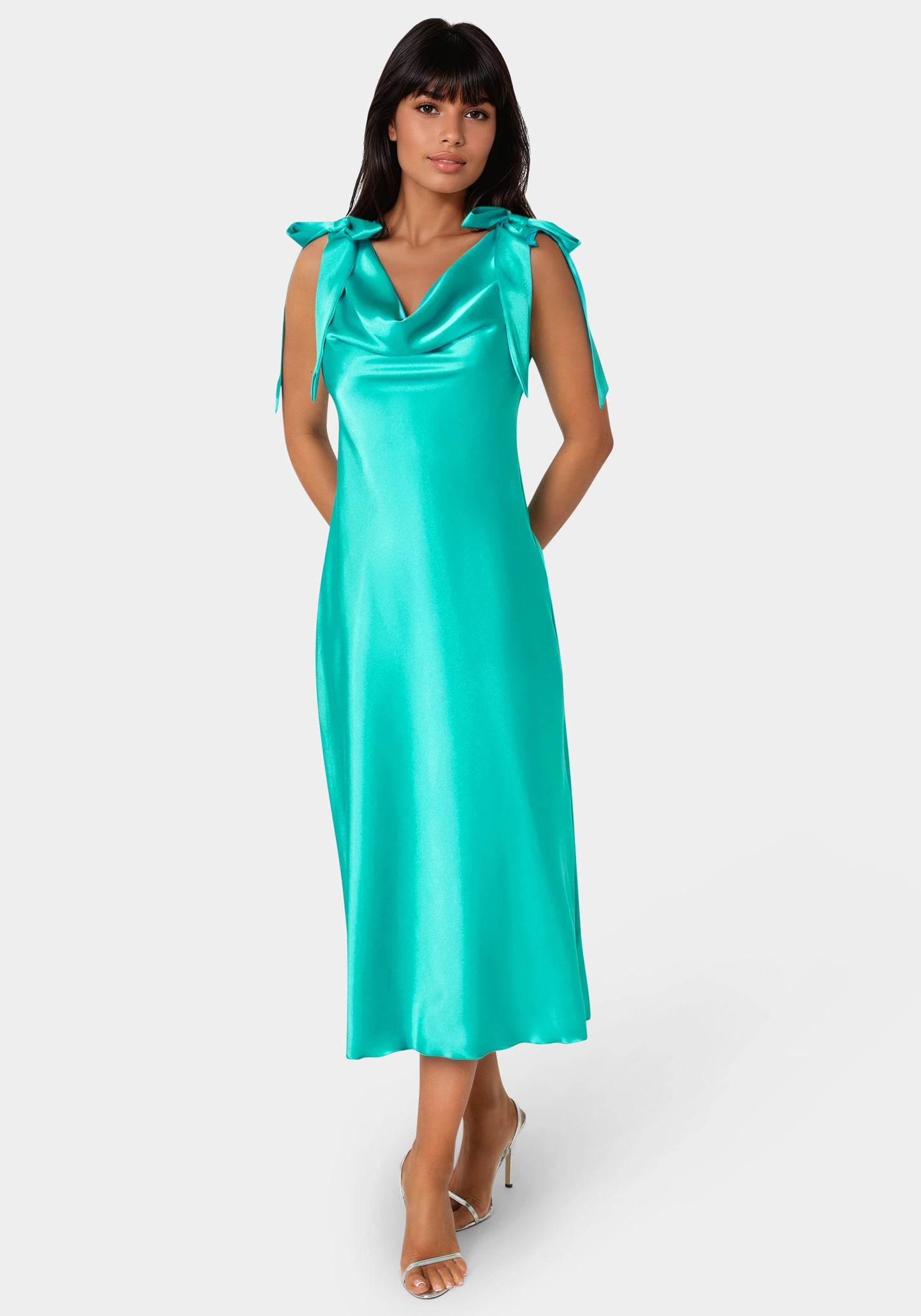 Bow Strap Satin Midi Dress