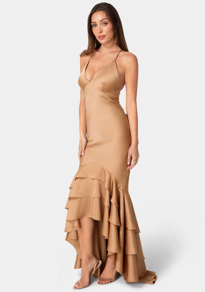 Tiered Satin High Low Gown
