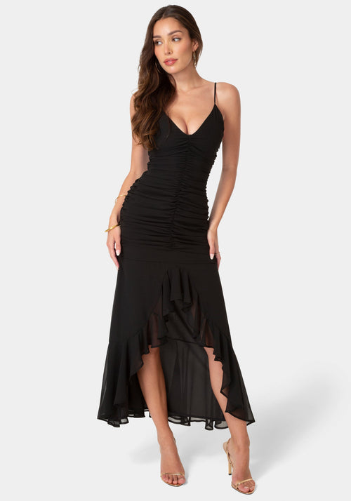 Ruched Chiffon Cascade Gown