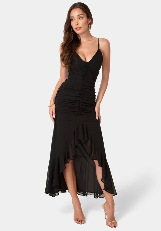 Ruched Chiffon Cascade Gown