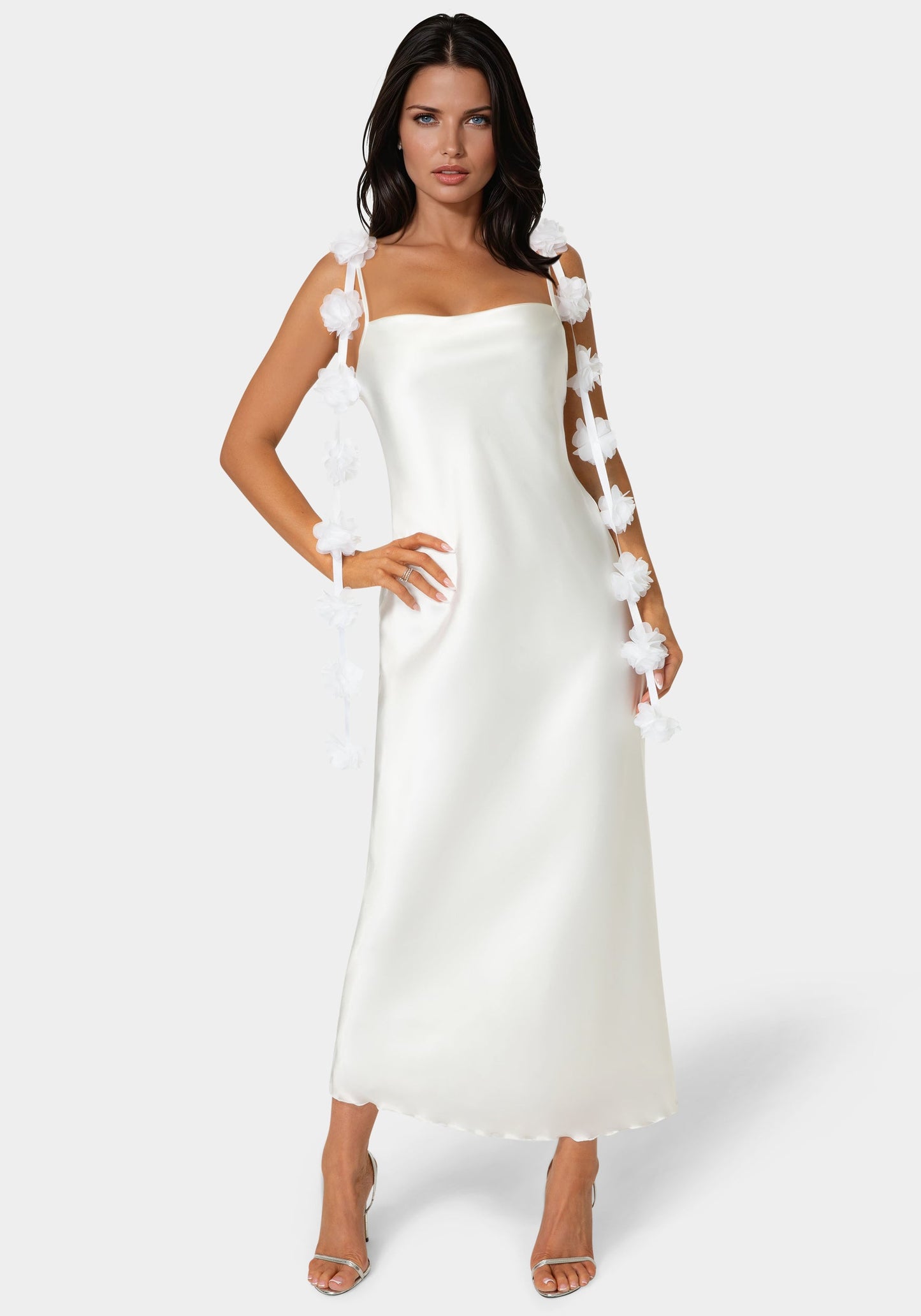 Cascading Floral Satin Maxi Dress