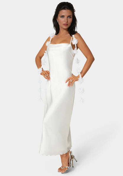 Cascading Floral Satin Maxi Dress
