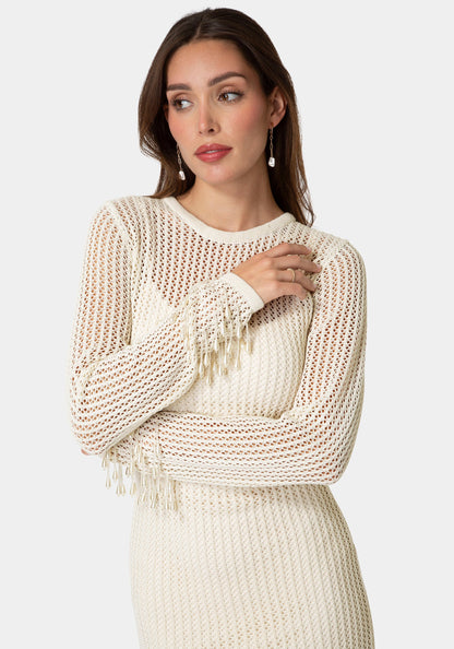 Pearl Embellished Crochet Mini Dress