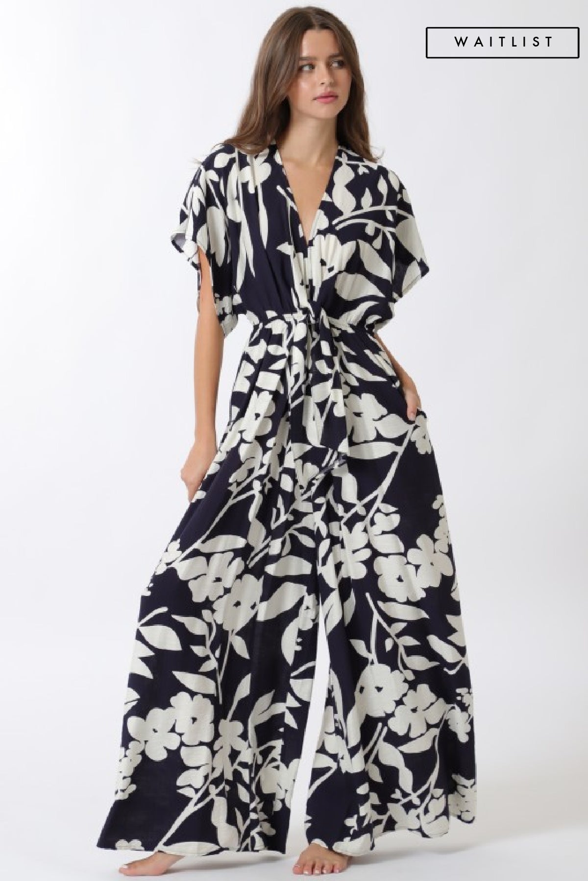 Bronte Short Sleeve Waist Tie Floral Print Wide Leg Jumpsuit Navy