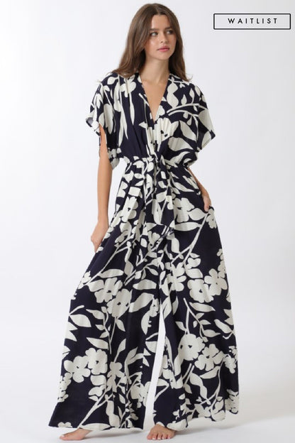 Bronte Short Sleeve Waist Tie Floral Print Wide Leg Jumpsuit Navy