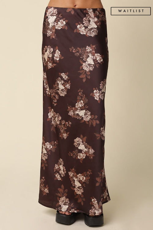 Waitlist  8/20 • Bennett High Waist Pretty Fall Floral Print Satin Maxi Skirt Brown