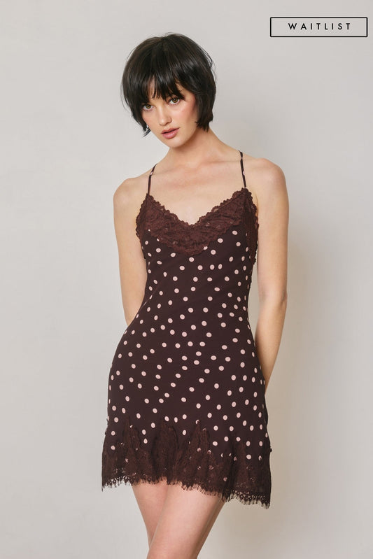 Waitlist 8/25 • Indigo Sleeveless Lace And Polka Dot Print Mini Dress Brown