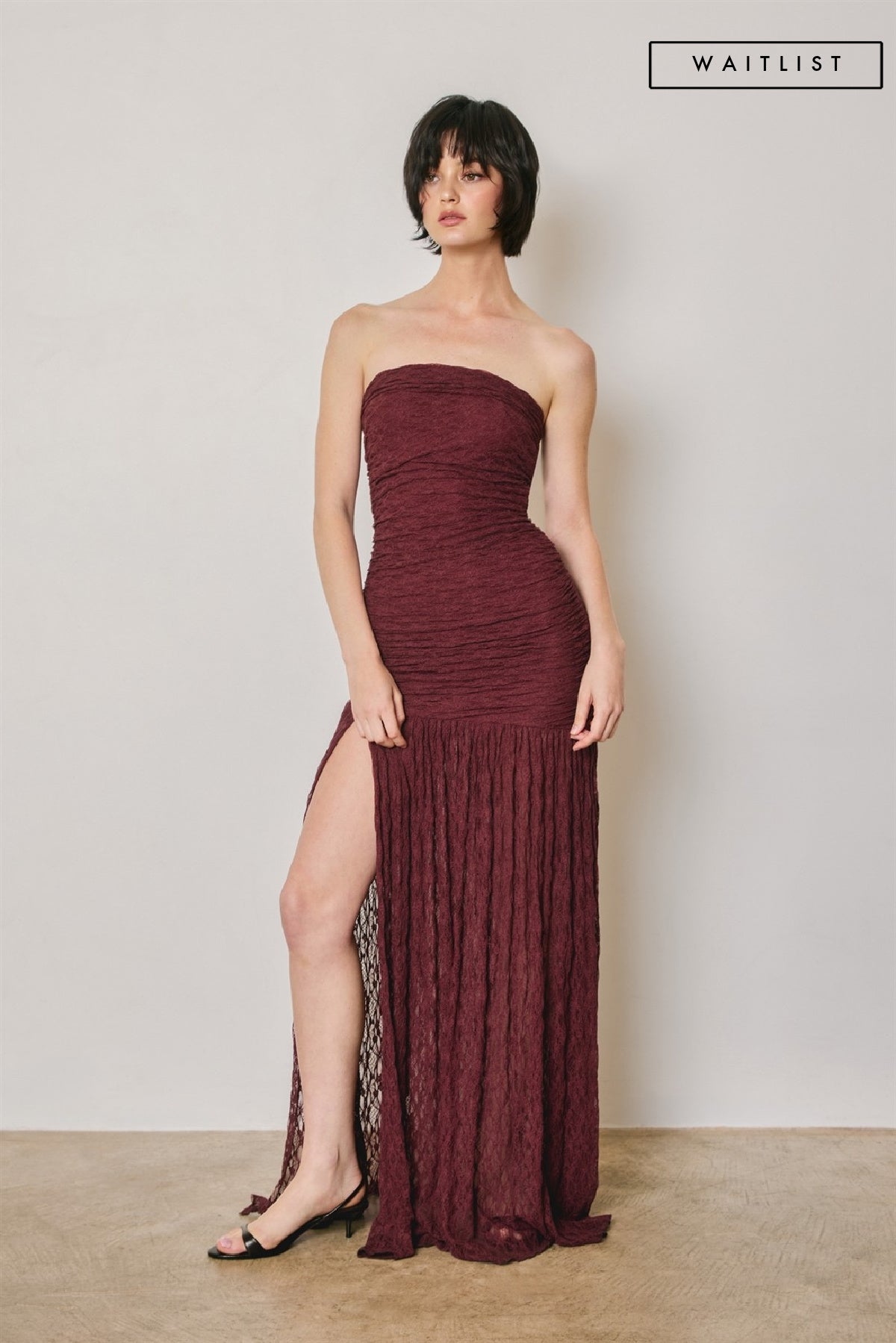 Waitlist 8/9 • Collins Sleeveless Ruched Lace Maxi Dress Burgundy