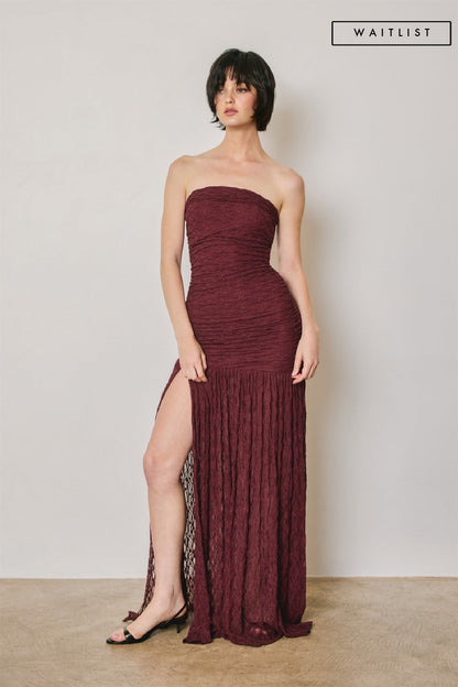 Waitlist 8/9 • Collins Sleeveless Ruched Lace Maxi Dress Burgundy