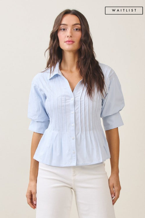 Waitlist 7/1 • Veda Short Puff Sleeve Button Down Pintuck Top Blue