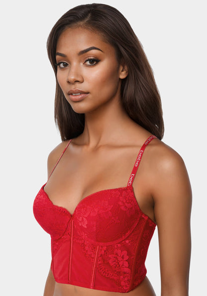 Lace and Mesh Push Up Bustier Long Line Bra