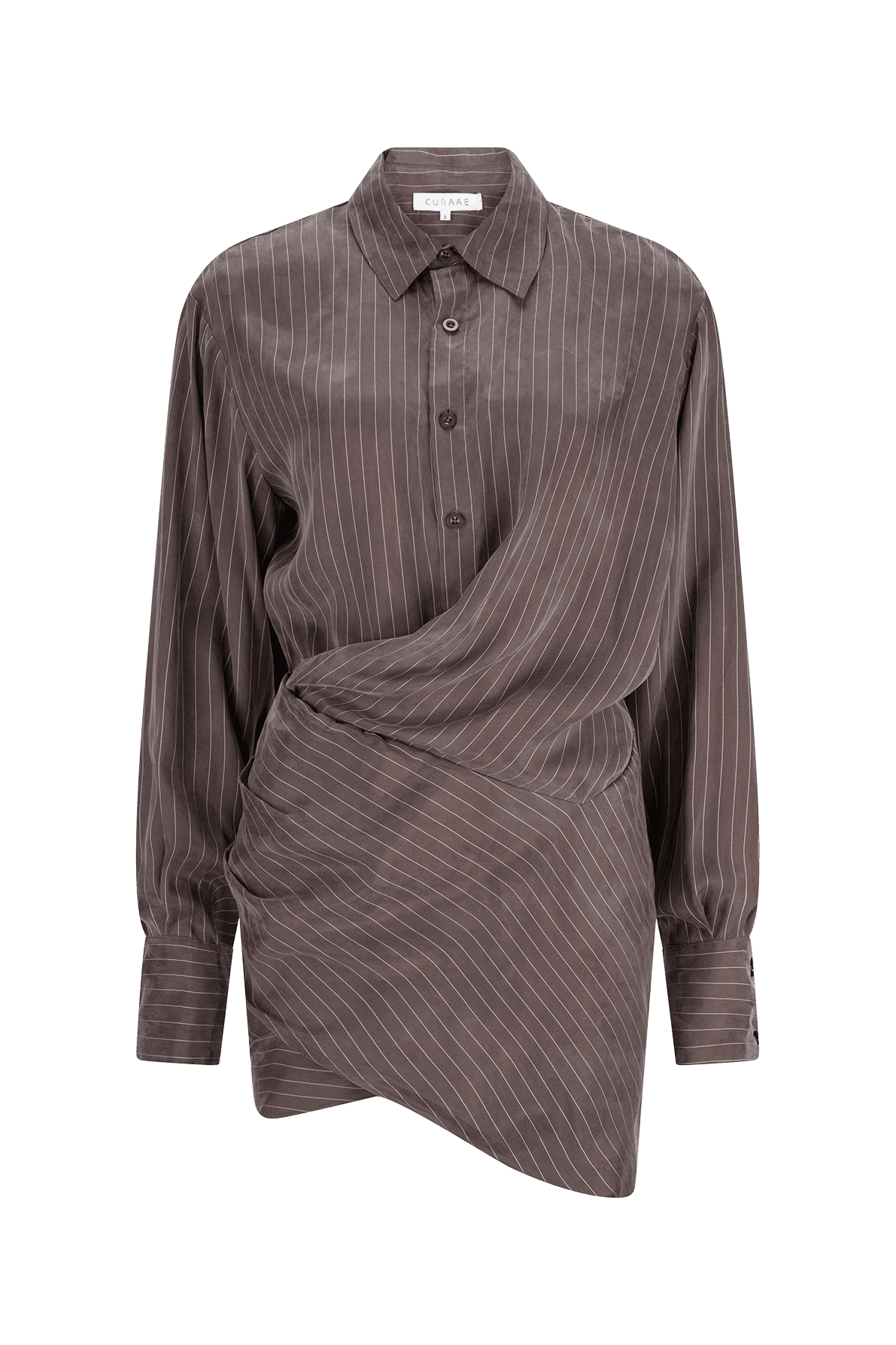 CURAAE Grace Mini Pinstripe Drape Button Down Shirt Dress In Grey