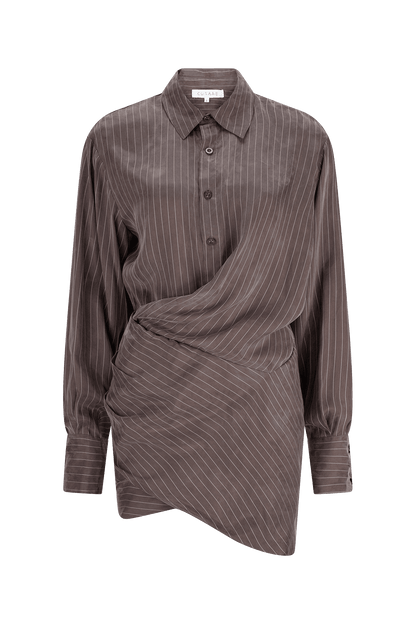 CURAAE Grace Mini Pinstripe Drape Button Down Shirt Dress In Grey