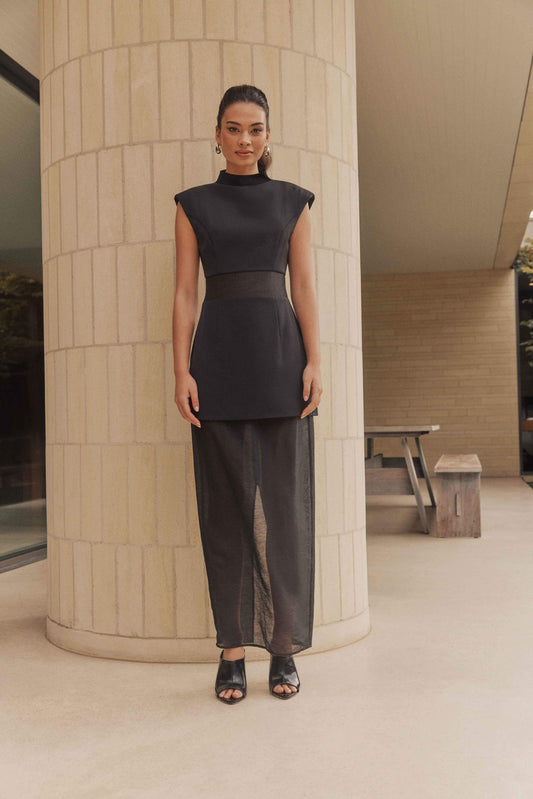 CURAAE Bond Sleeveless Mesh Maxi Dress in Black