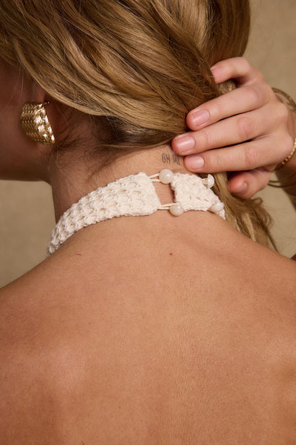 Daya Ivory Shell Embellished Halter Top