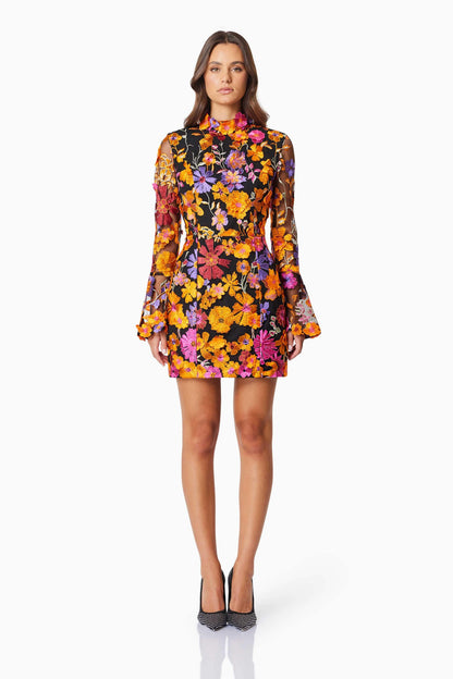 Alessandra Floral Long Sleeve Mini Dress In Orange