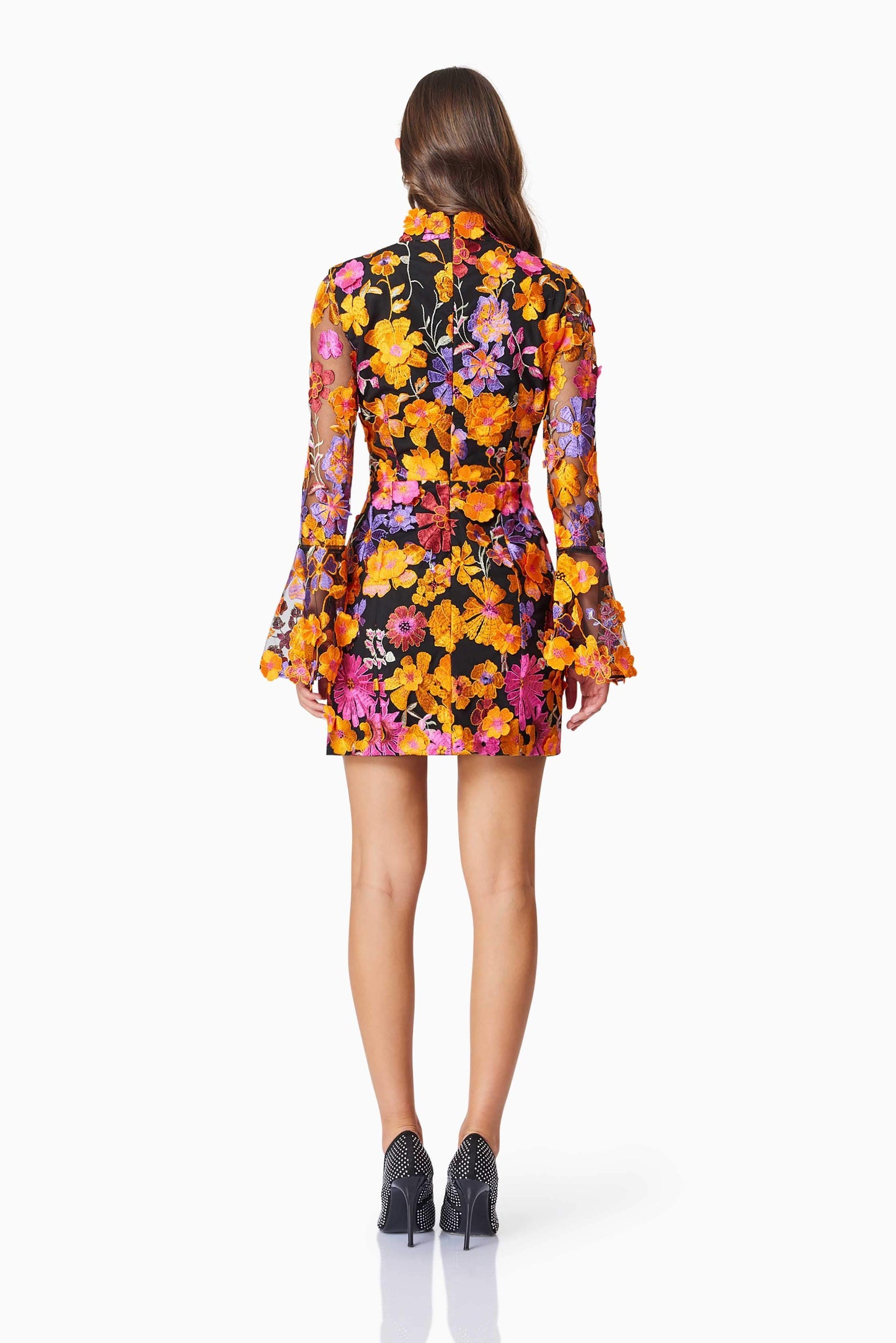 Alessandra Floral Long Sleeve Mini Dress In Orange