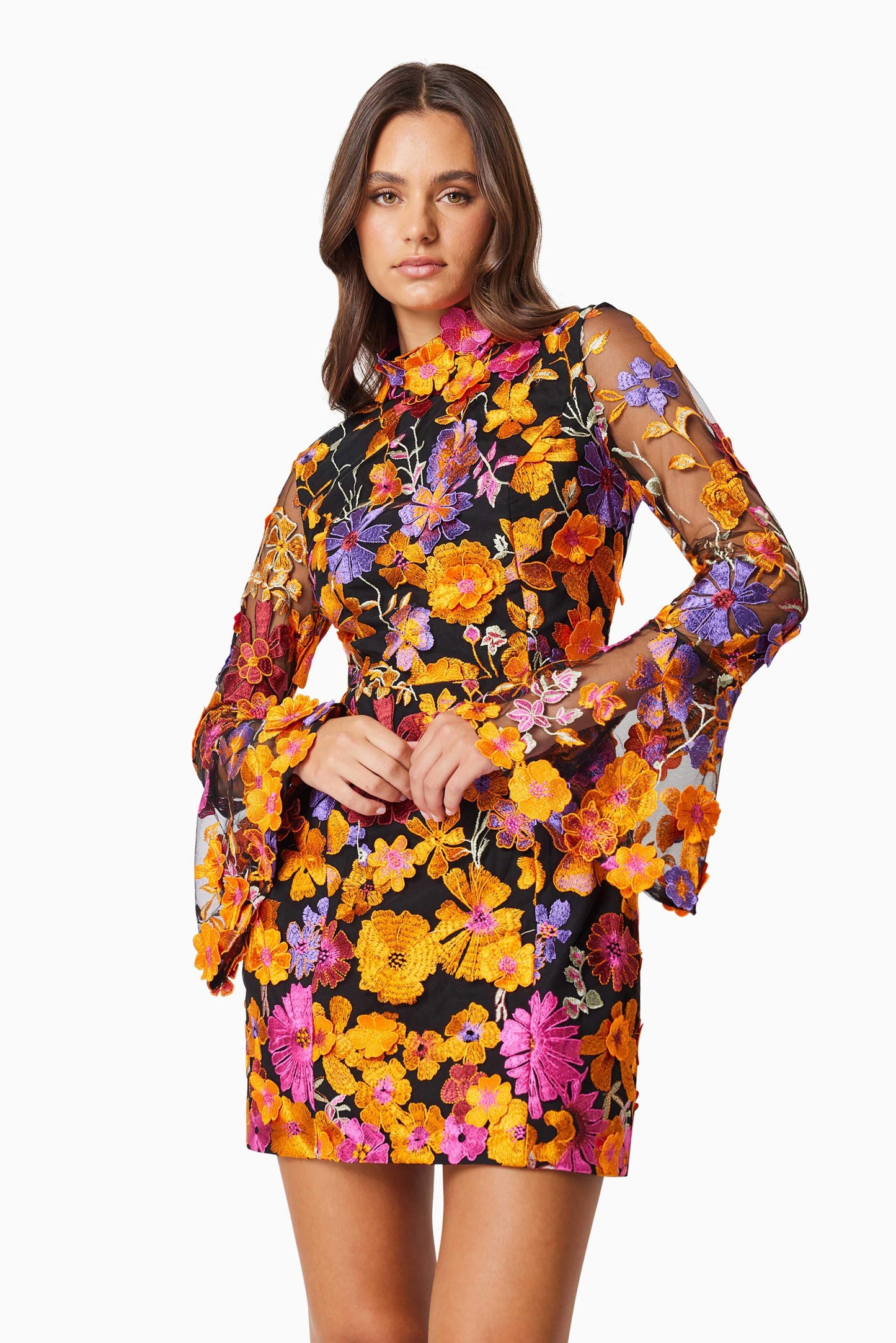 Alessandra Floral Long Sleeve Mini Dress In Orange