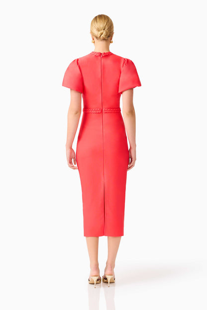 Coralene Puff Sleeve Midi Dress in Red