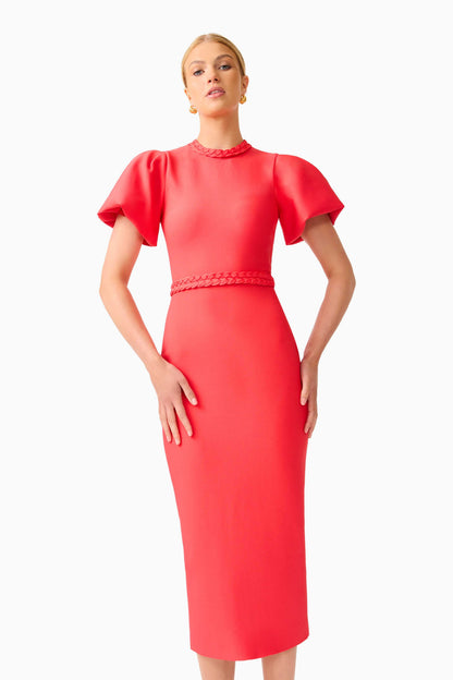 Coralene Puff Sleeve Midi Dress in Red