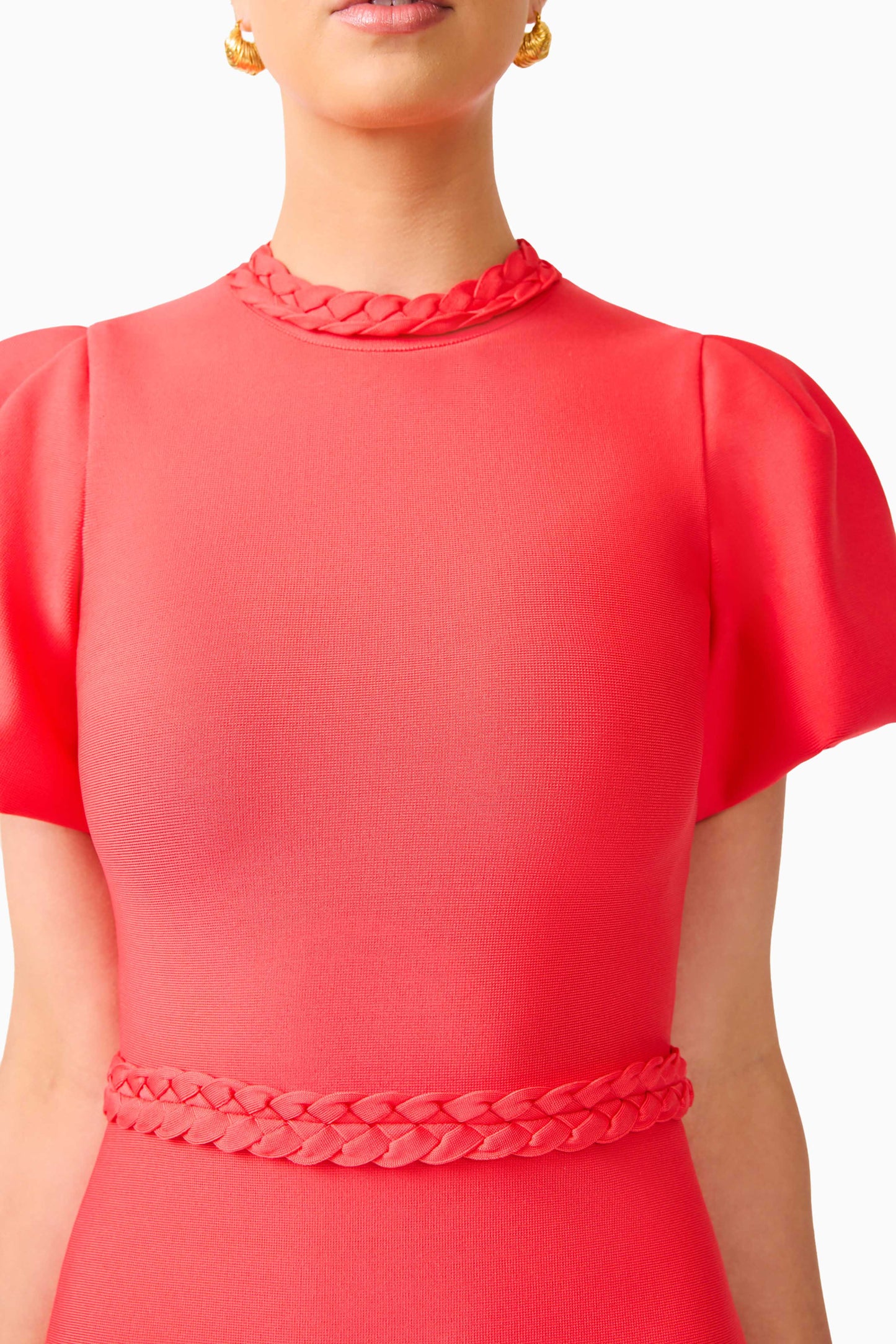 Coralene Puff Sleeve Midi Dress in Red