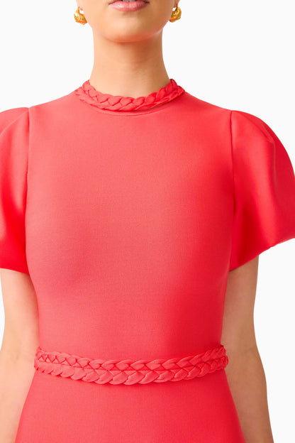 Coralene Puff Sleeve Midi Dress in Red