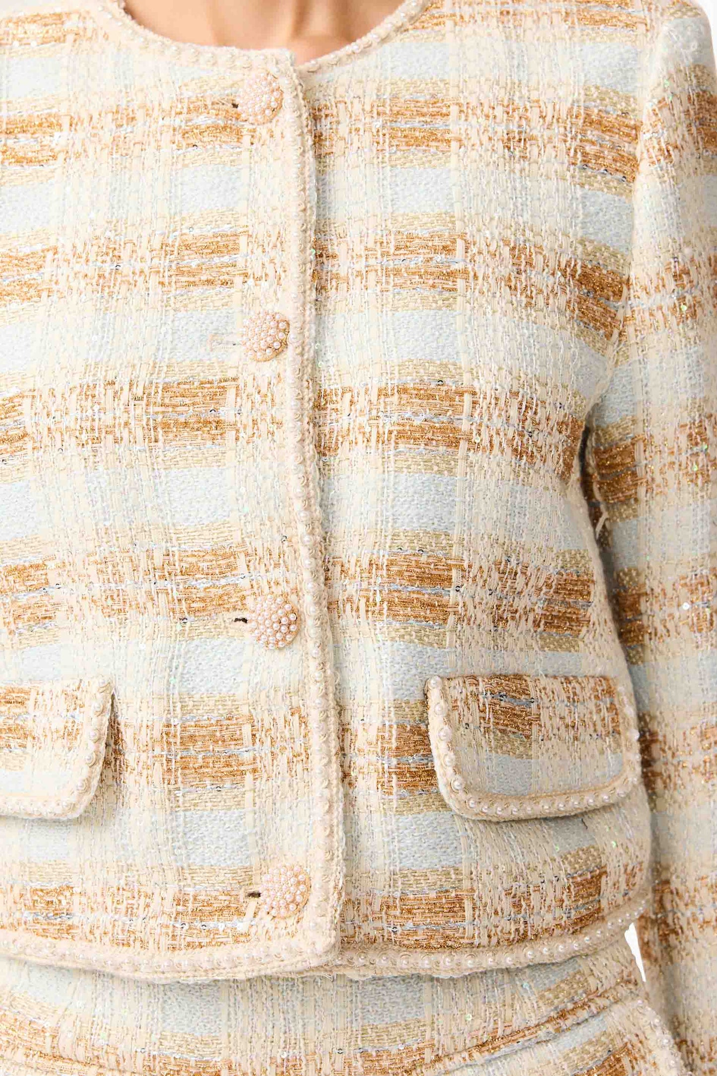 Ashlyn Long Sleeve Tweed Set in White & Gold