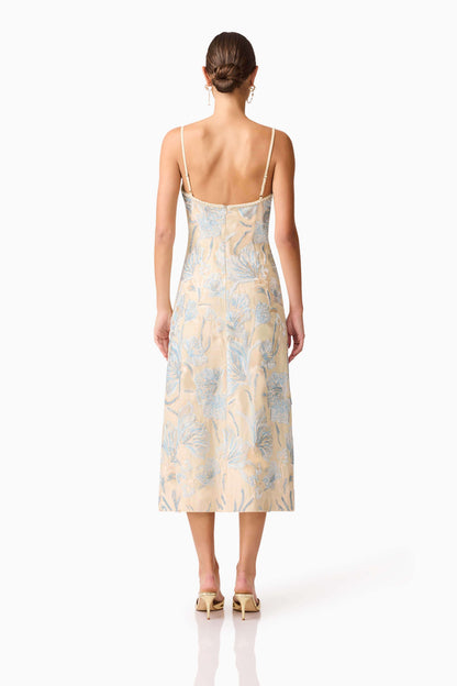 Nia Embroidered Midi Dress in Biege