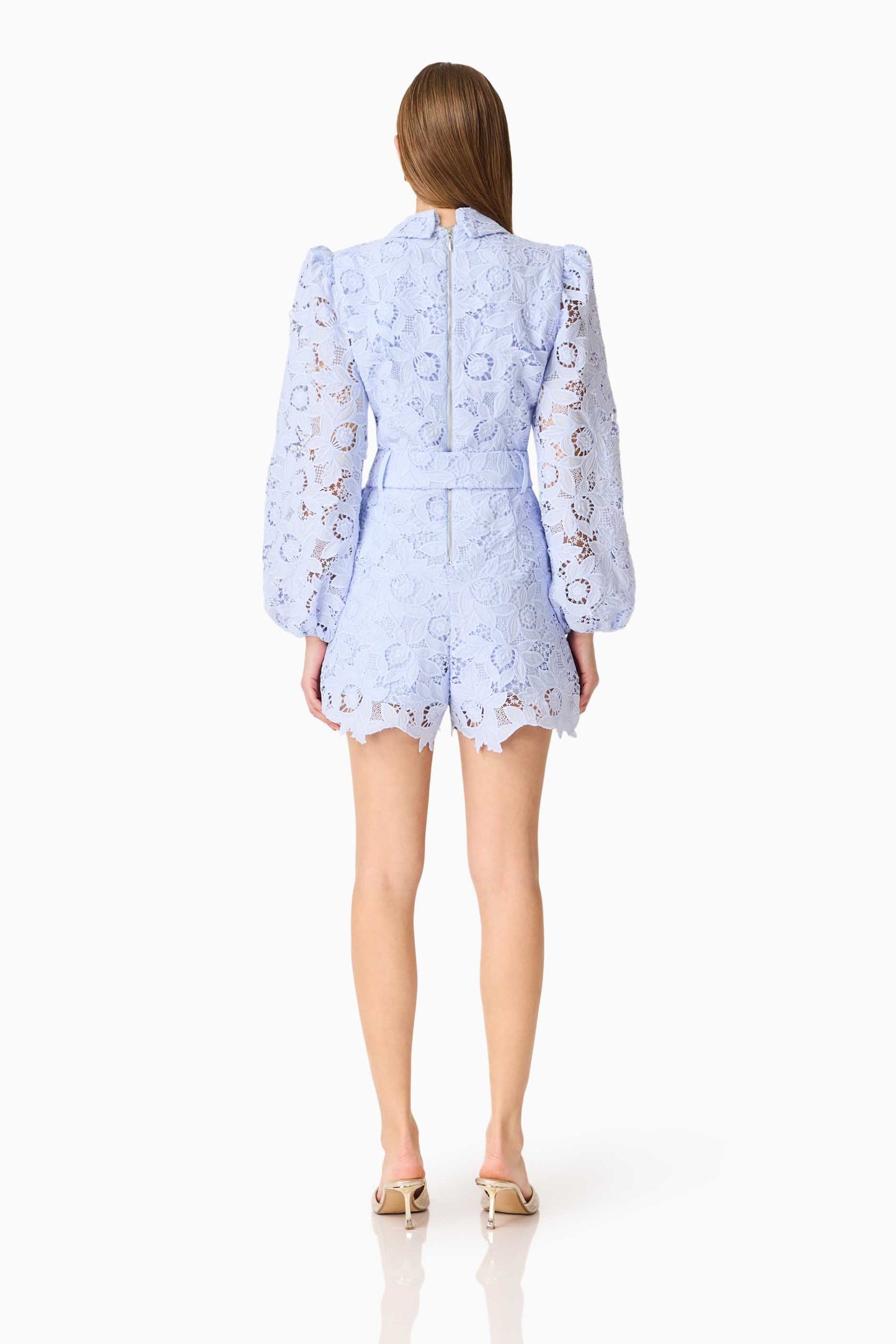Lacy Long Sleeve Playsuit in Powder Blue