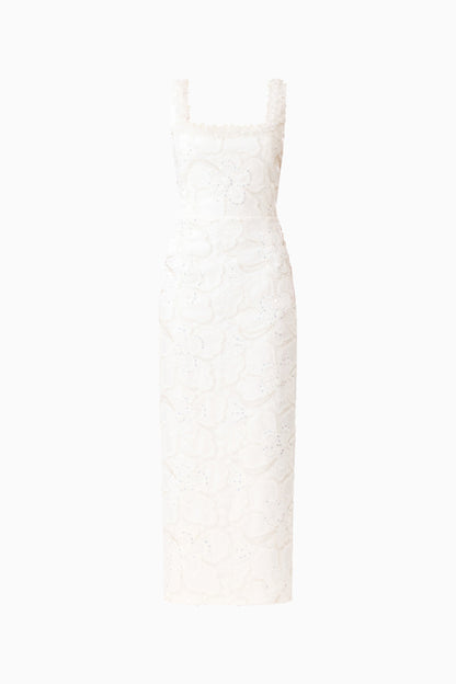 Elowen Floral Applique Midi Dress in White