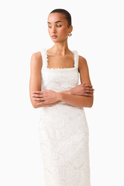 Elowen Floral Applique Midi Dress in White