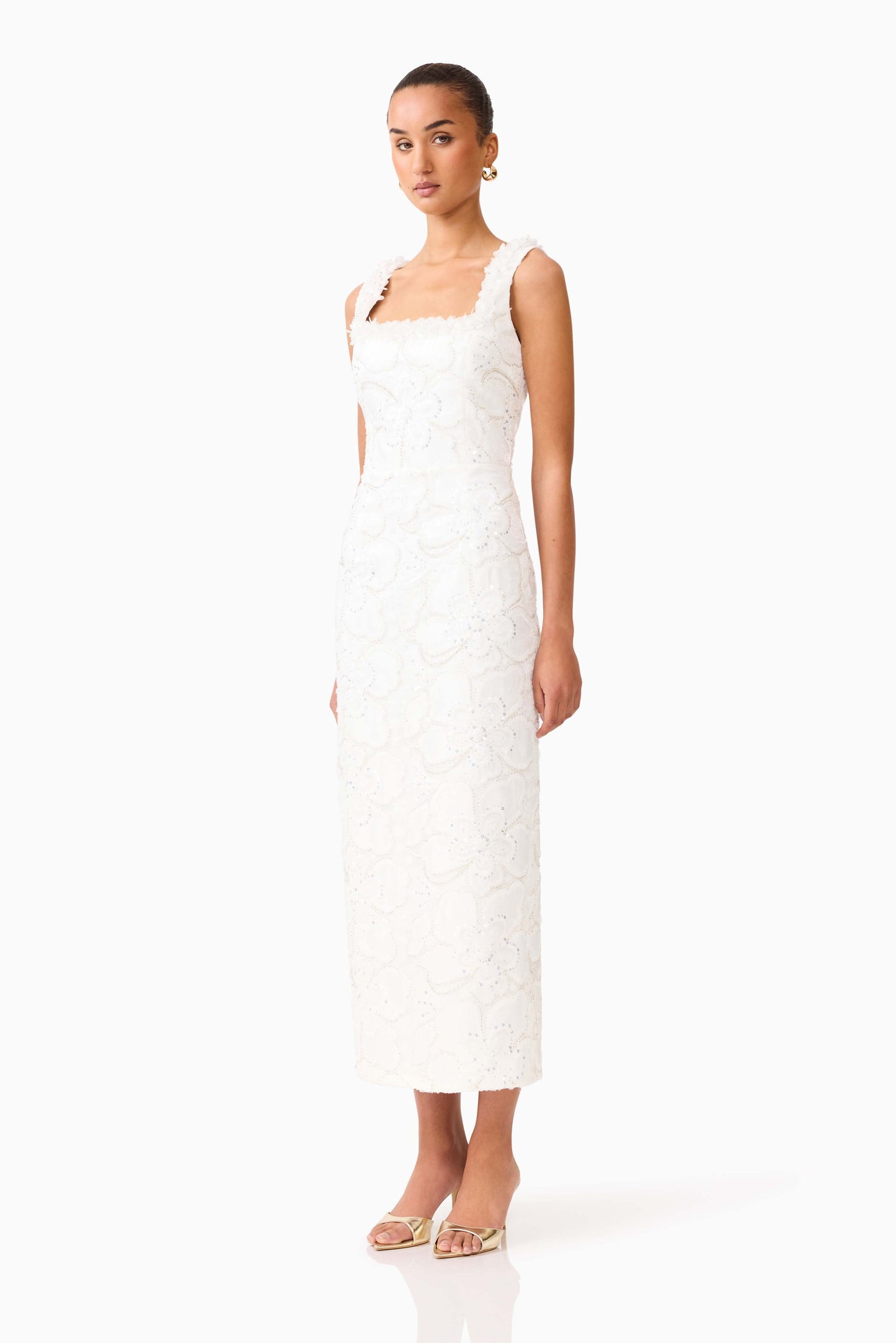 Elowen Floral Applique Midi Dress in White