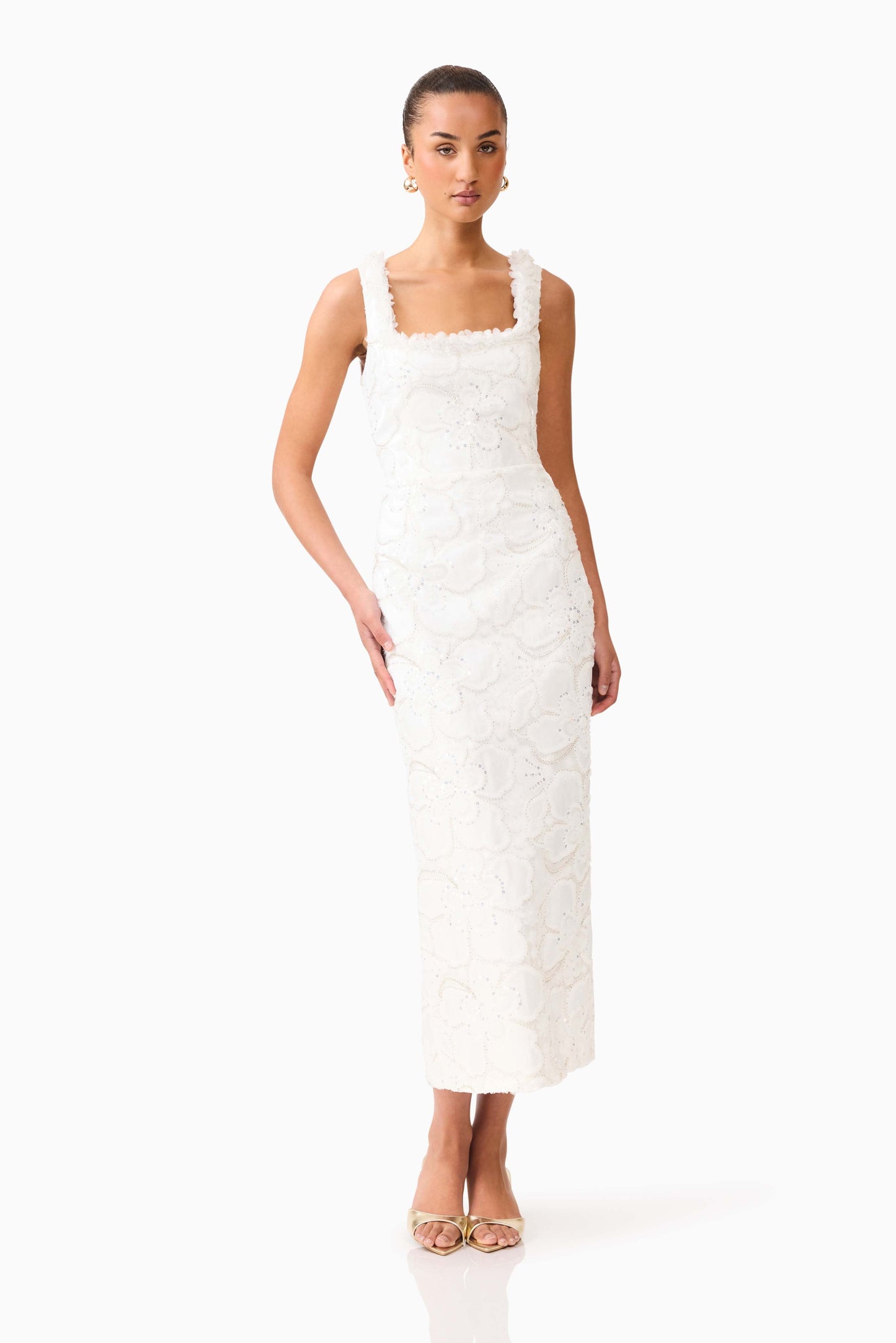 Elowen Floral Applique Midi Dress in White