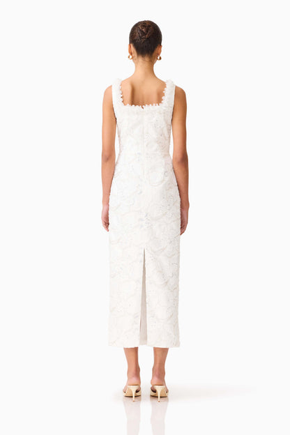 Elowen Floral Applique Midi Dress in White