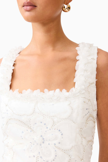 Elowen Floral Applique Midi Dress in White