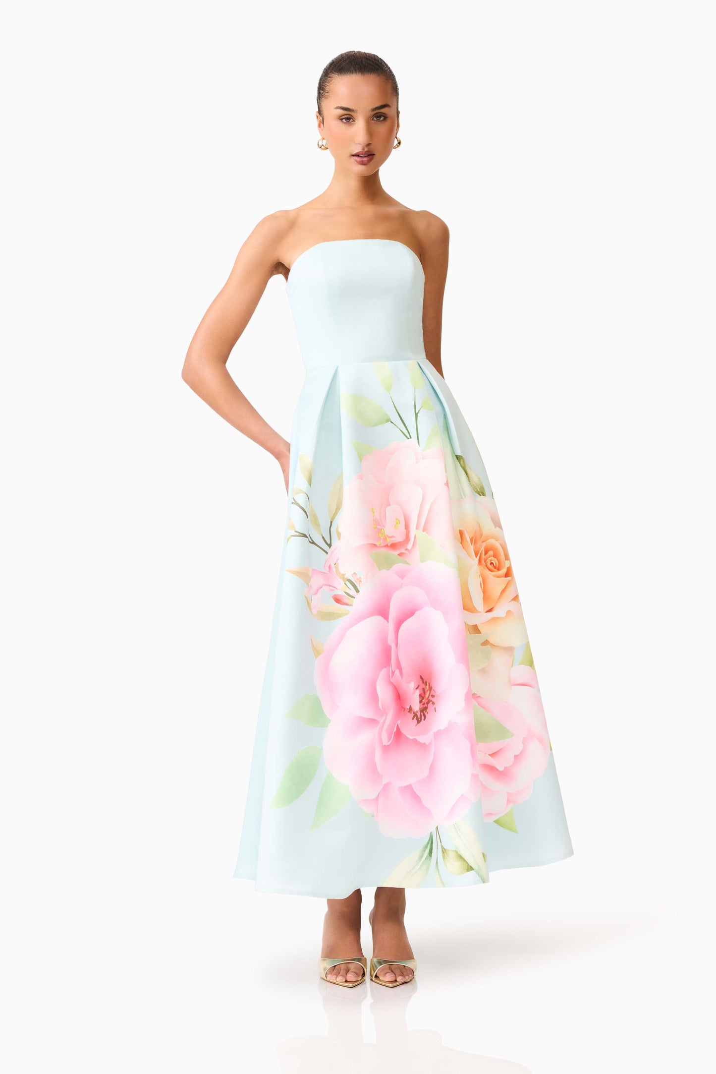 Harper Strapless Gown in Baby Blue Floral