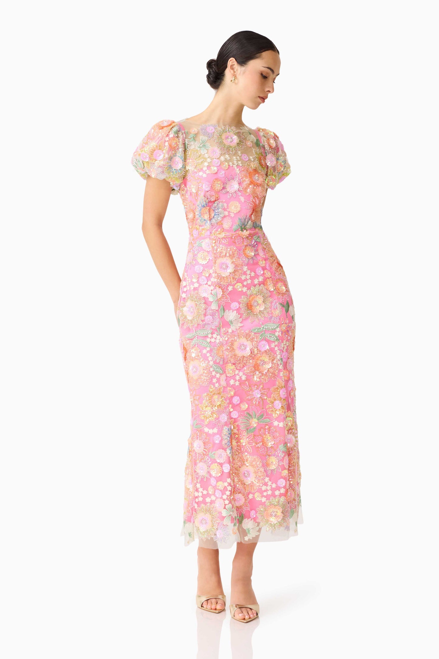 Nathalie Puff Sleeve Gown in Pink Floral