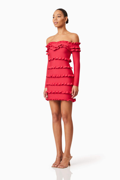 Kimberly Long Sleeve Frill Mini Dress in Red