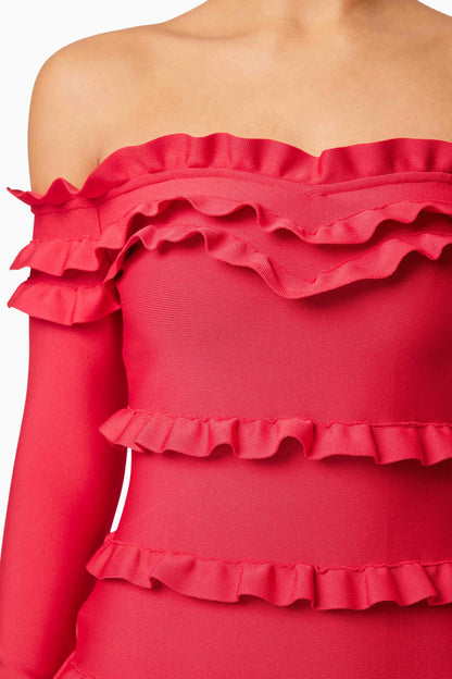Kimberly Long Sleeve Frill Mini Dress in Red