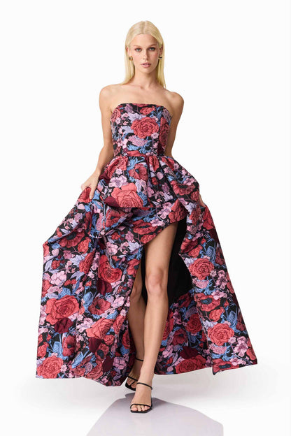 Delphine Strapless Gown in Pink & Black Floral