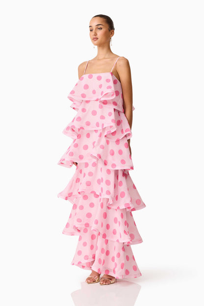 Sola Tiered Maxi Dress in Pink Polkadot