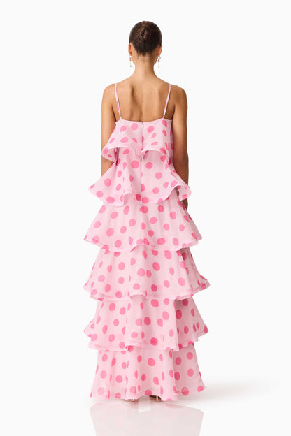 Sola Tiered Maxi Dress in Pink Polkadot