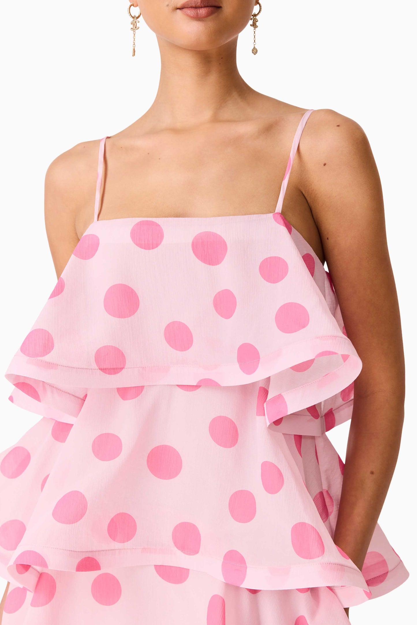 Sola Tiered Maxi Dress in Pink Polkadot