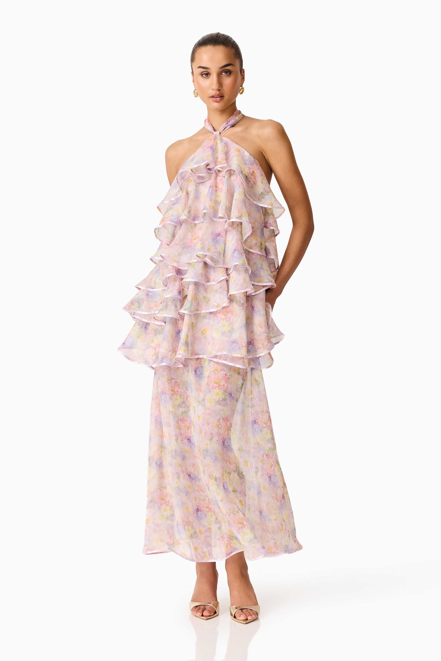 Alinda Halter Neck Maxi Dress in Pink Floral