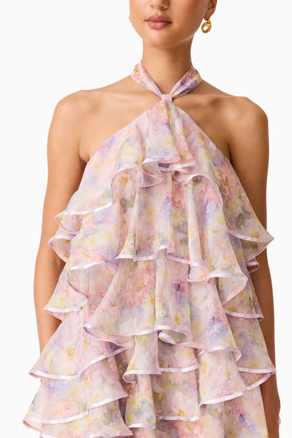 Alinda Halter Neck Maxi Dress in Pink Floral